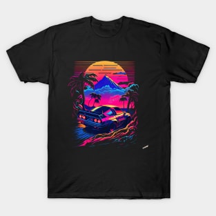 Car with a view on Mount Fuji Synthwave Vaporwave T-Shirt